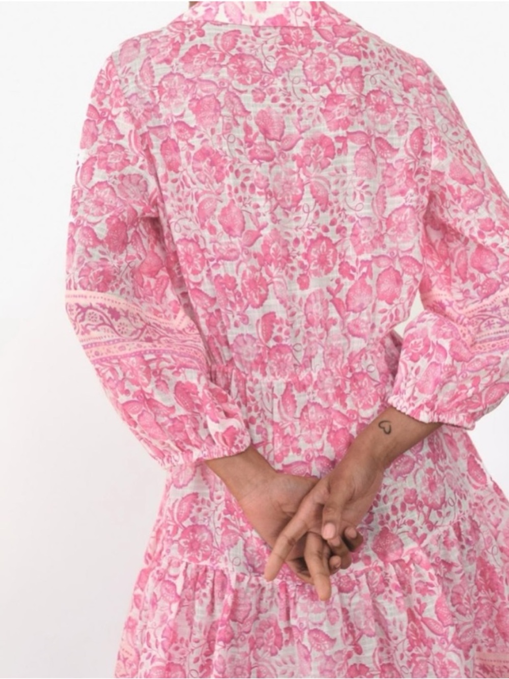 Zara Dress Womens Medium Pink White Floral V-Neck Tiered Tunic Ballon Sleeve - Picture 2 of 7